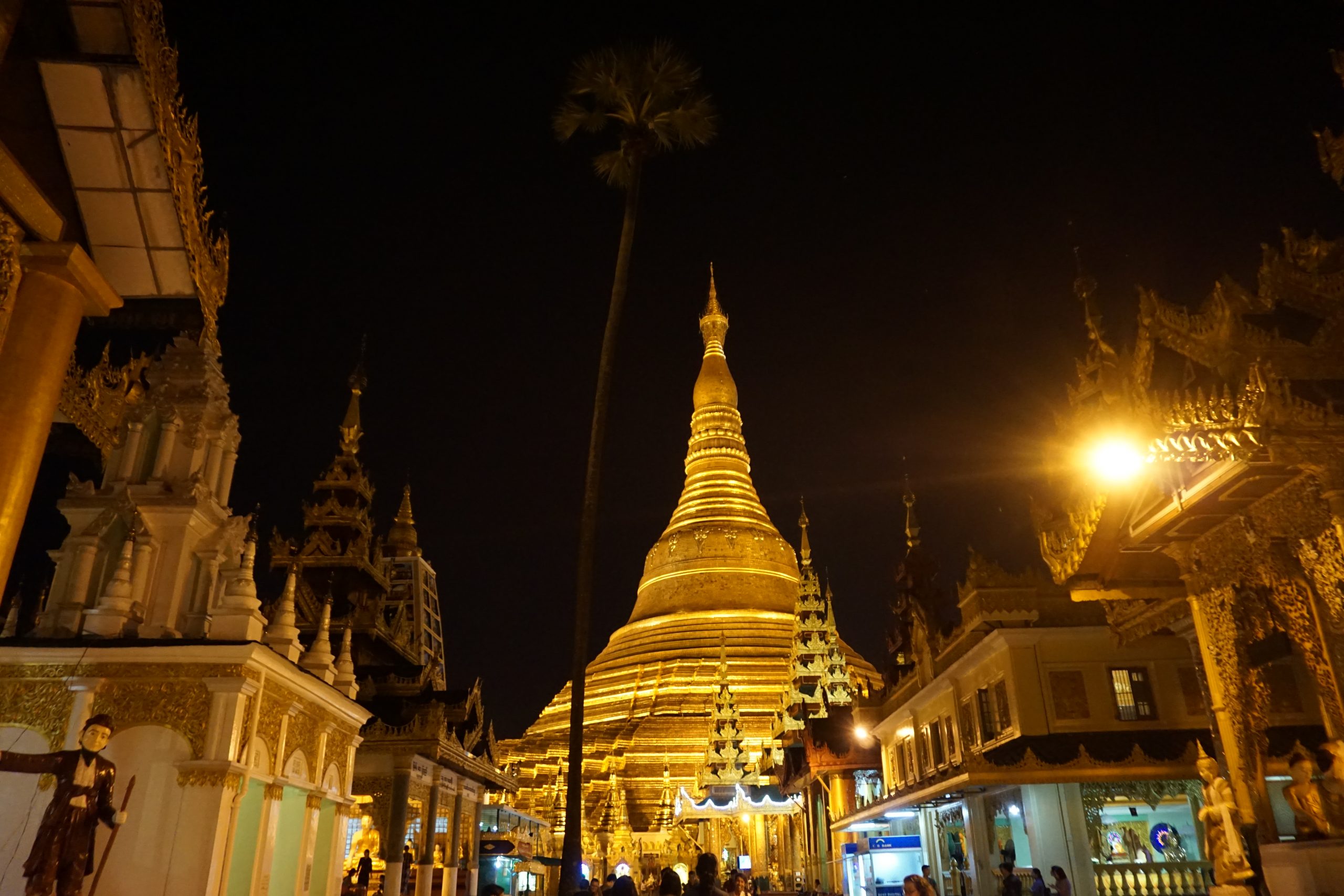 A nighttime image of illuminated Shwedagong Pagoda